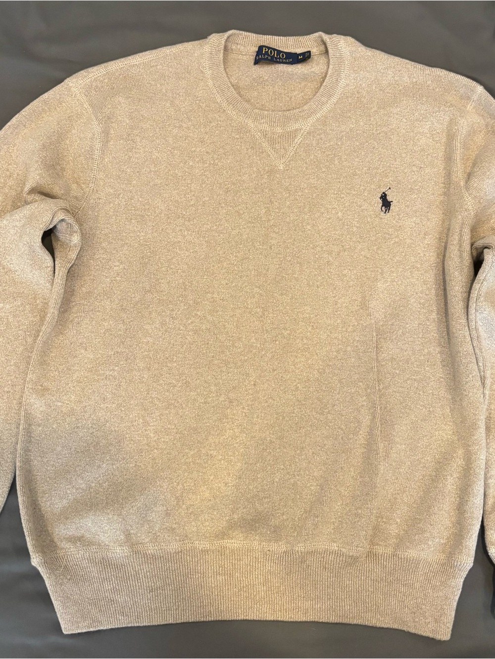 Polo Ralph Lauren Men's Beige Crewneck Sweater (FITS LIKE SIZE SMALL, shrank)